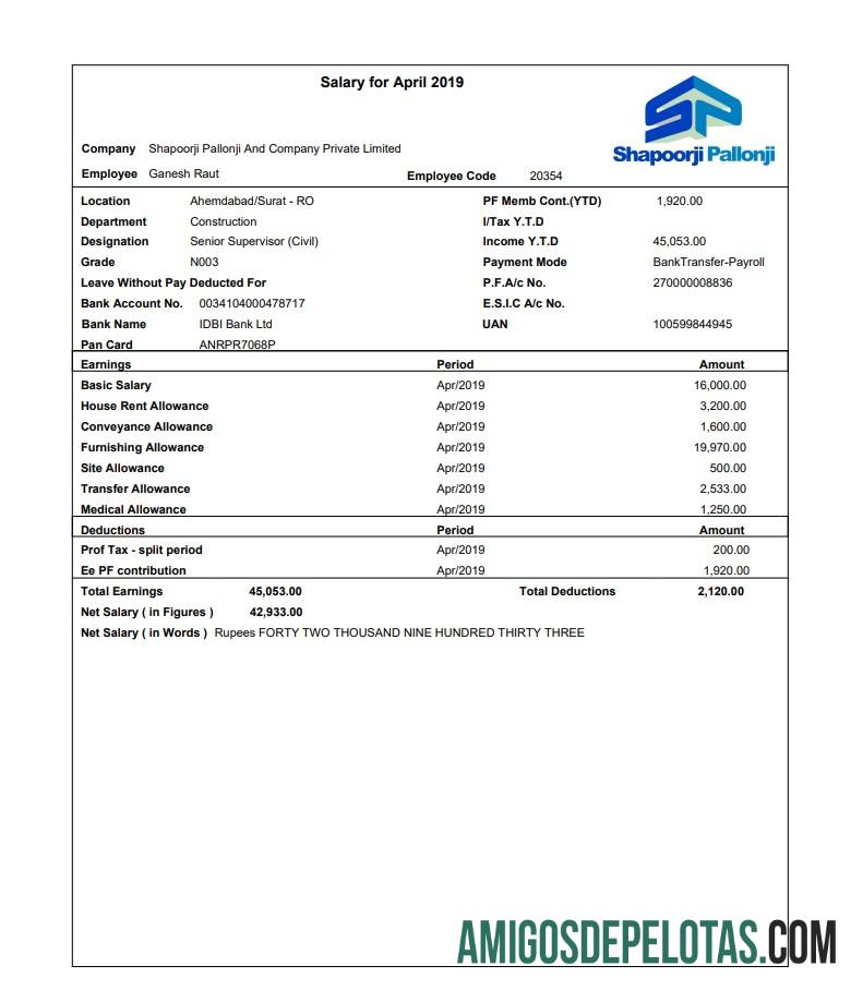 Recibo de pagamento de funcionário de Shapoorji Pallonji em formatos PDF e Word exemplo